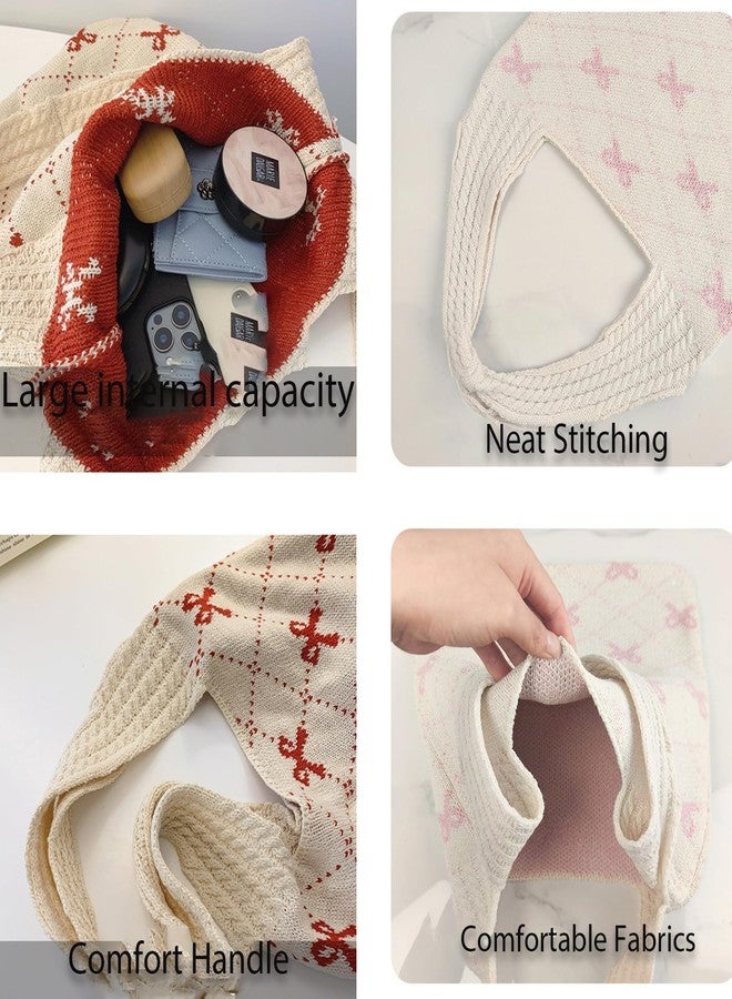 Busnos Beach Bags for Women Coquette Bow Tote Bag Purse for Women Cute Crochet Beach Tote Bag Knit Shoulder Purses Trendy Womens Beige Travel Vacation Handbag - Image 2